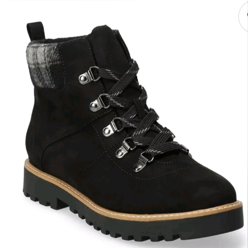 Sonoma Goods Black Lace-Up Ankle Hiking Boots Plaid Cuff Womens Size 8.5